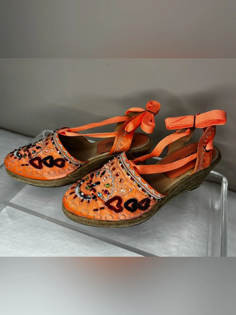 Orange Embellished Wedge Espadrilles